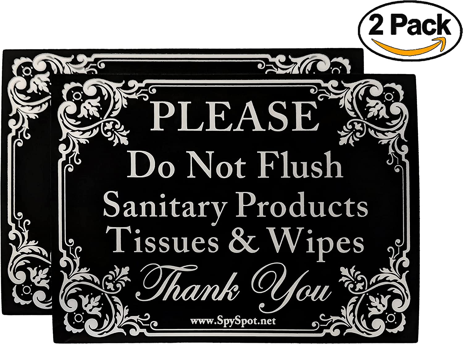 Spy Spot | "Please Do Not Flush Sanitary Products Tissues & Wipes" Vinyl Decal Sticker | Pack of 2 | Indoor and Outdoor Use | 4" x 3"