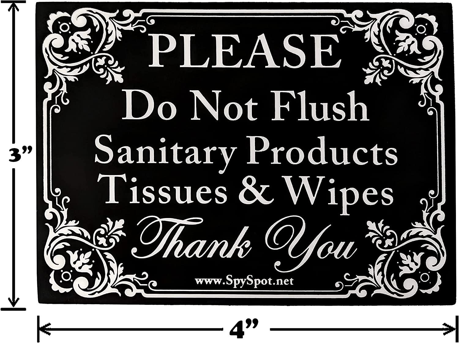 Spy Spot | "Please Do Not Flush Sanitary Products Tissues & Wipes" Vinyl Decal Sticker | Pack of 2 | Indoor and Outdoor Use | 4" x 3"