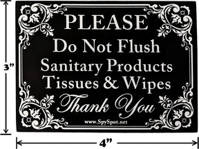Spy Spot | "Please Do Not Flush Sanitary Products Tissues & Wipes" Vinyl Decal Sticker | Pack of 2 | Indoor and Outdoor Use | 4" x 3"