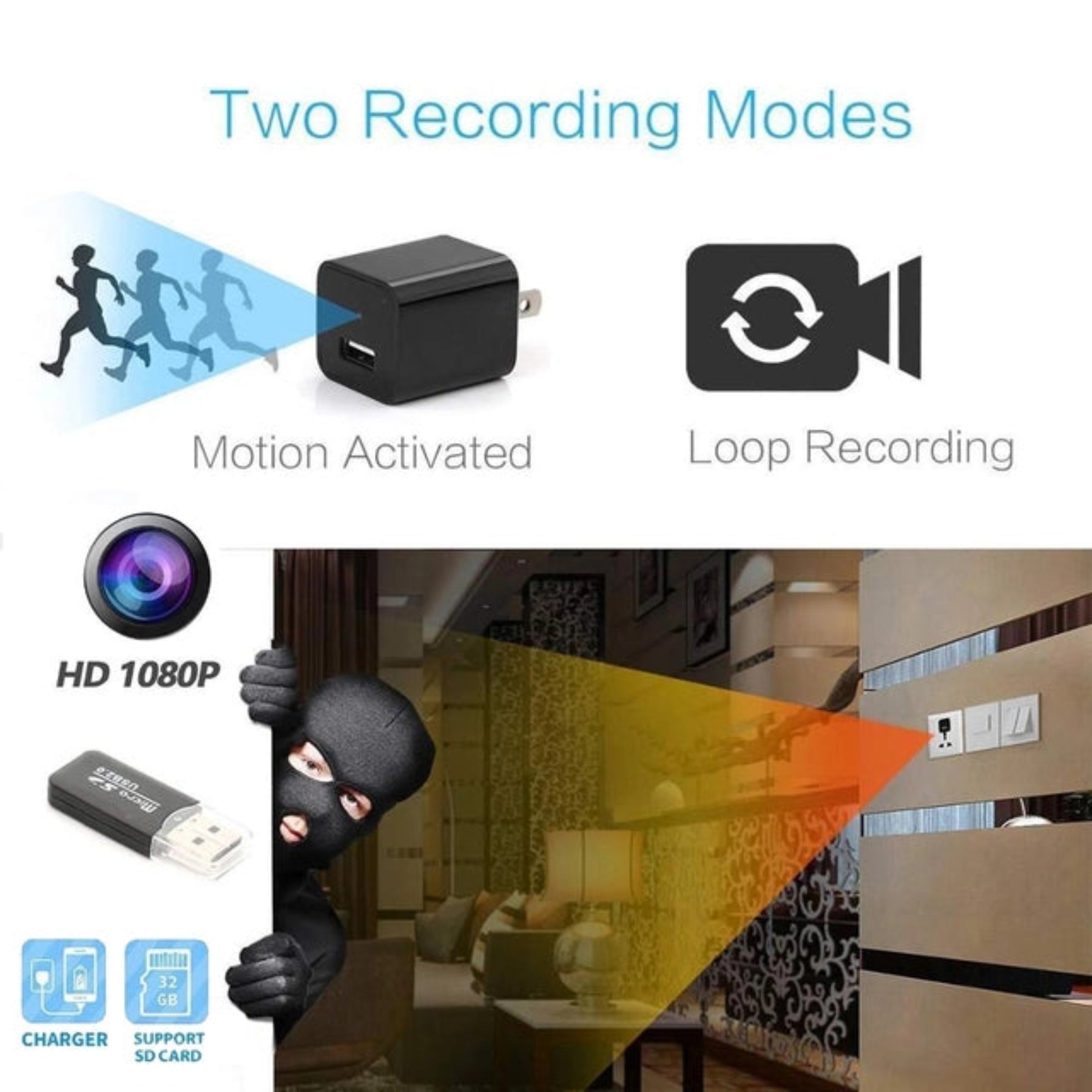 WiFi Hidden Camera USB Wall Charger - 1080P, Motion Alerts
